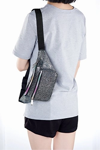 Festival Rave 80s Holographic Black Gravel Fanny Pack Waist Belt Bag For Women, Girls (Black