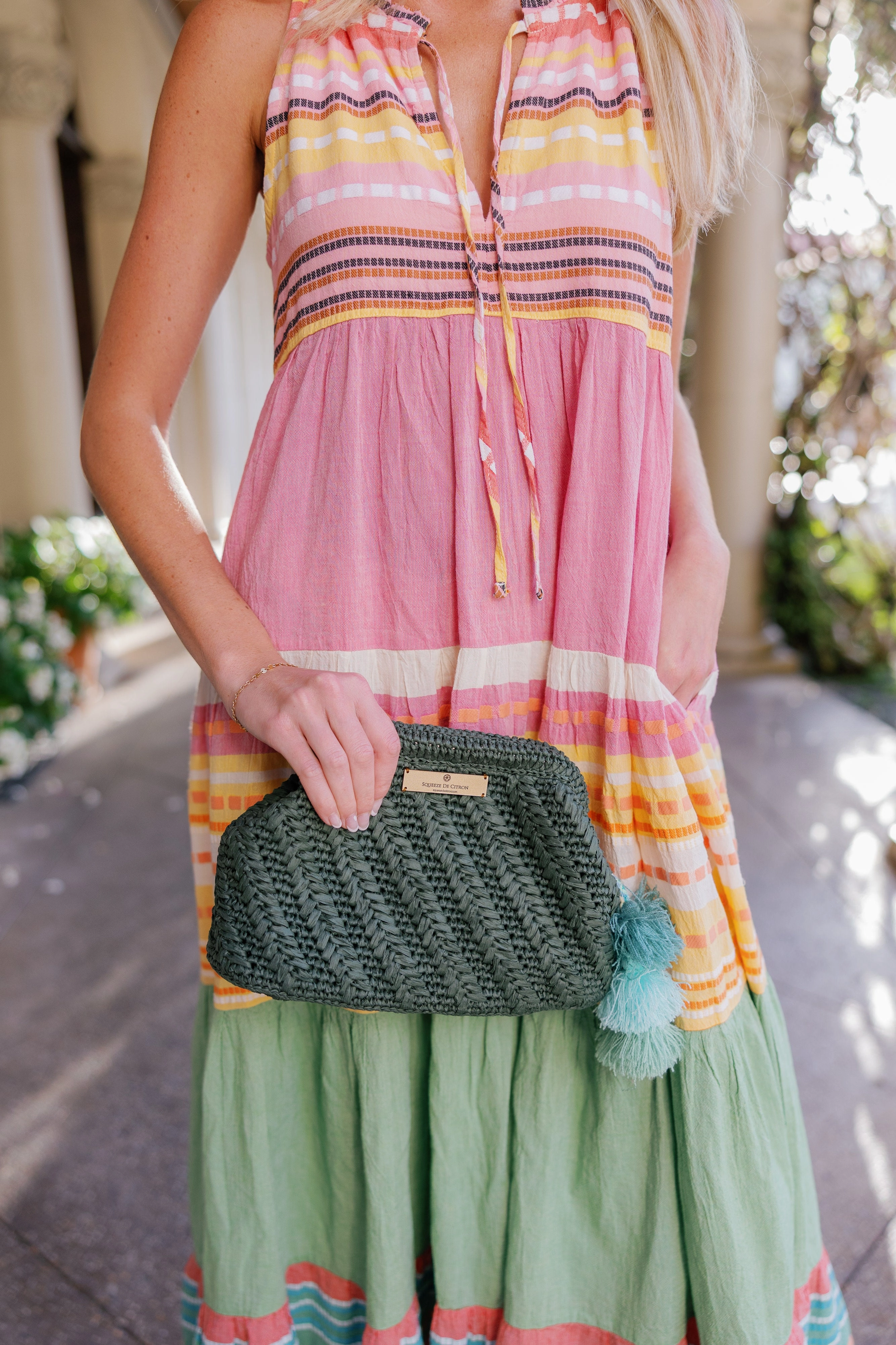 Forest Green Raffia Clutch (Golden Strap Included)