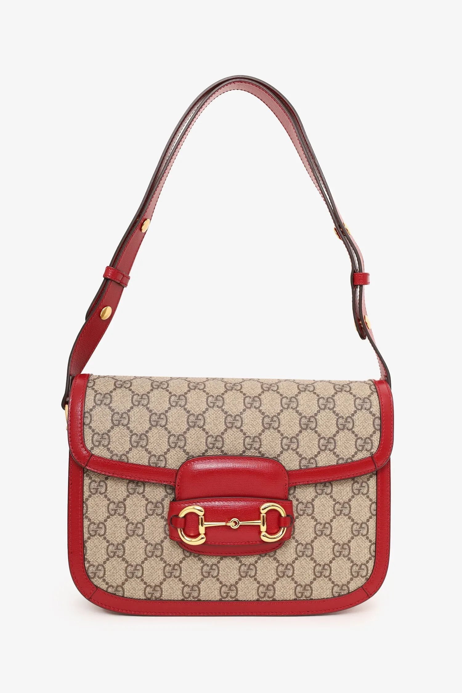 Gucci Beige/Red GG Monogram Horsebit 1955 Small Shoulder Bag