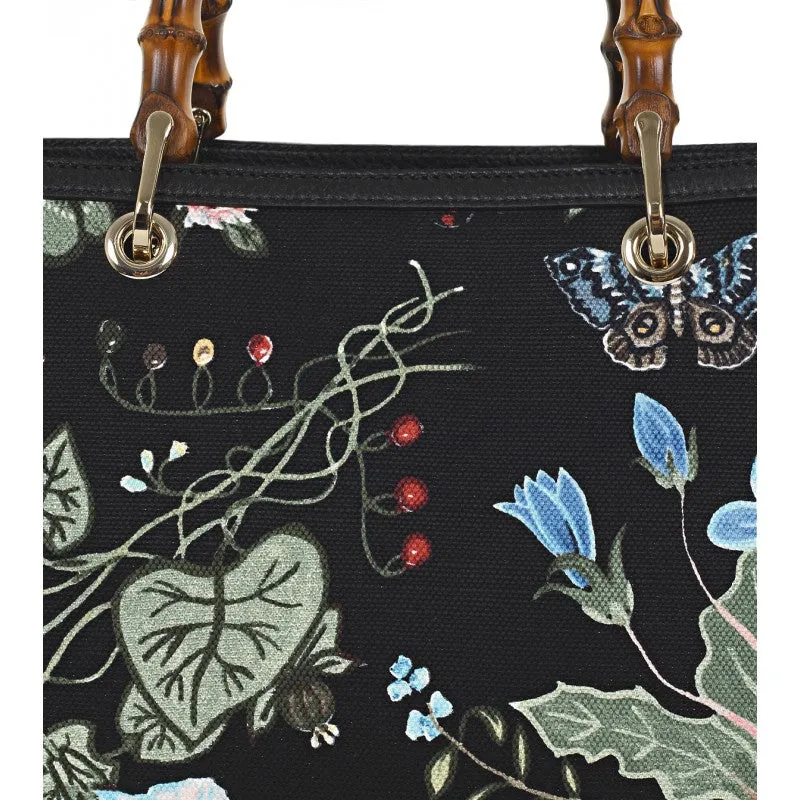 Gucci Black flora knight print canvas bamboo tote bag