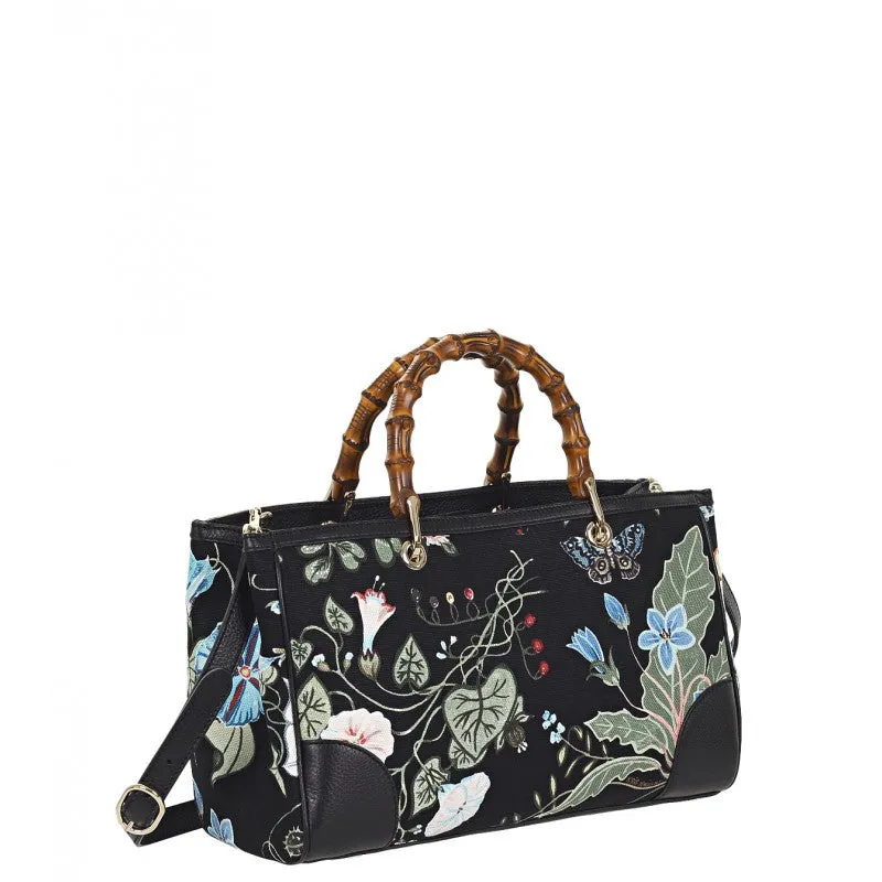 Gucci Black flora knight print canvas bamboo tote bag
