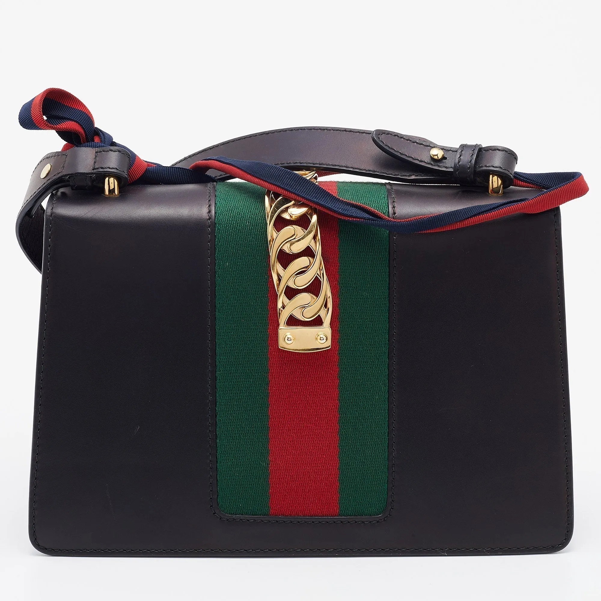 Gucci Black Leather Small Web Sylvie Flap Shoulder Bag