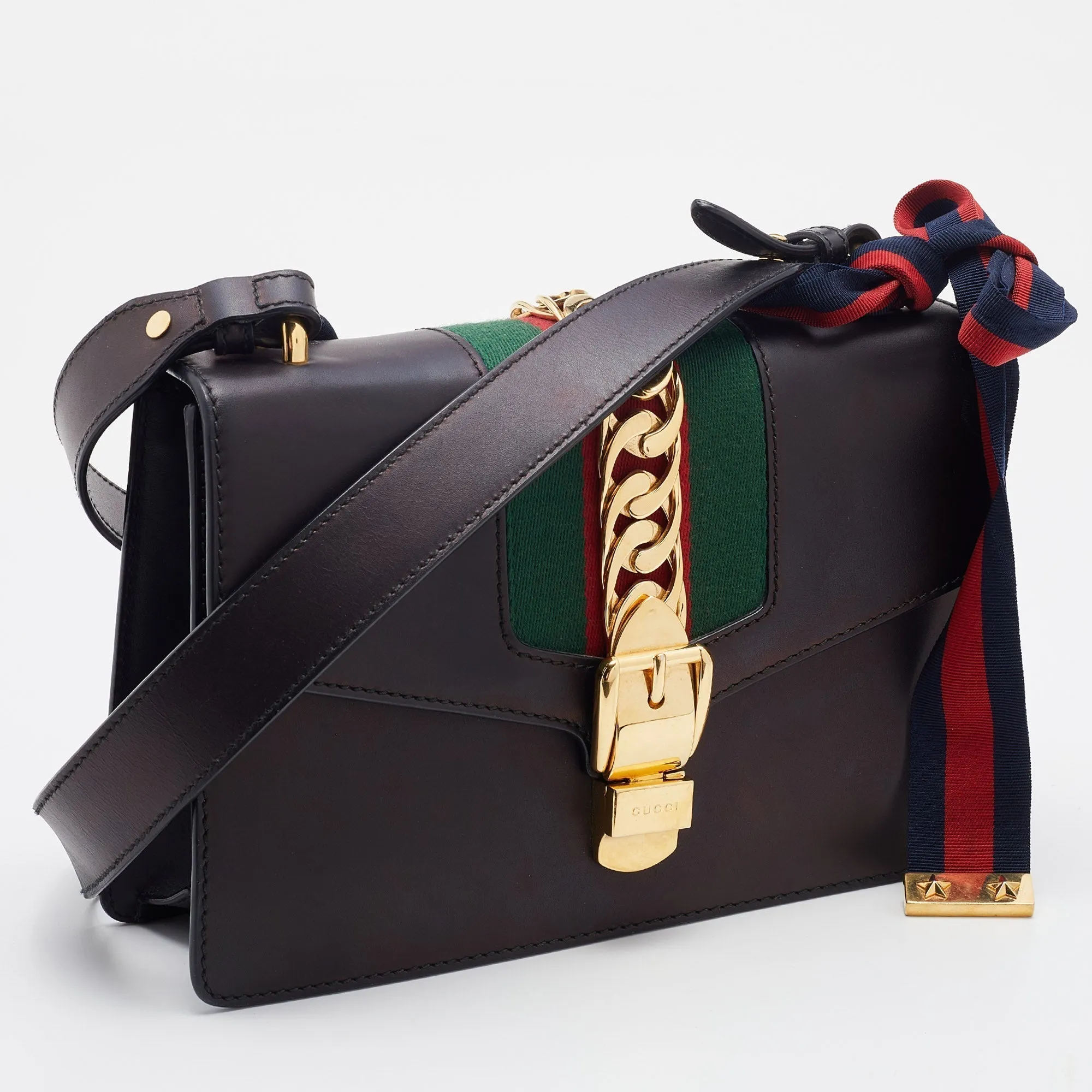 Gucci Black Leather Small Web Sylvie Flap Shoulder Bag