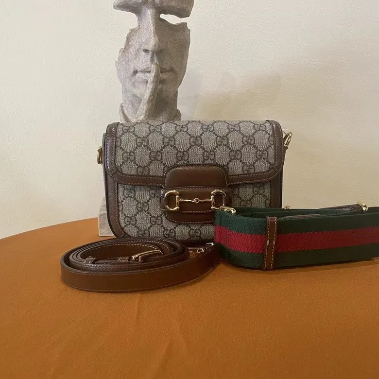 Gucci Horsebit 1955 Beige Brown Canvas Leather Shoulder Bag Medium