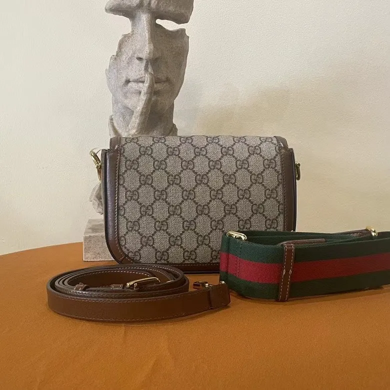 Gucci Horsebit 1955 Beige Brown Canvas Leather Shoulder Bag Medium