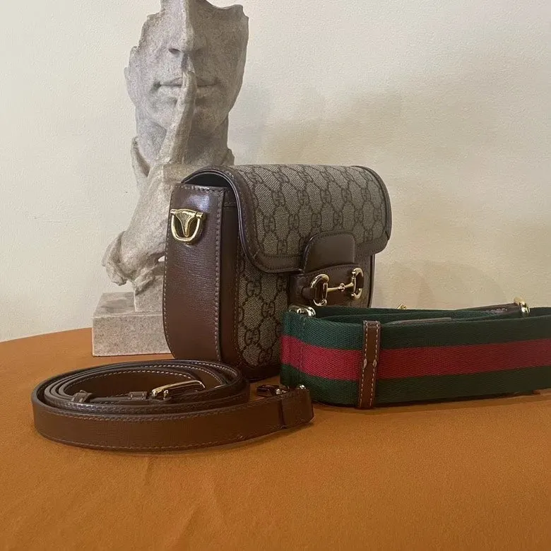 Gucci Horsebit 1955 Beige Brown Canvas Leather Shoulder Bag Medium