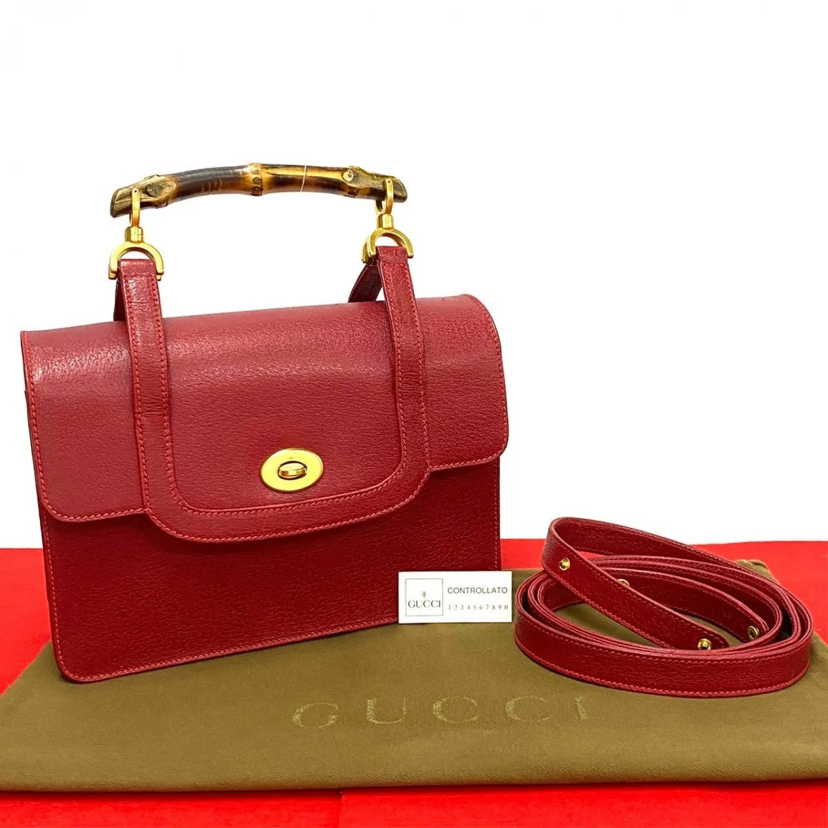 GUCCI Shoulder Bag leather Red Bamboo Old Gucci
