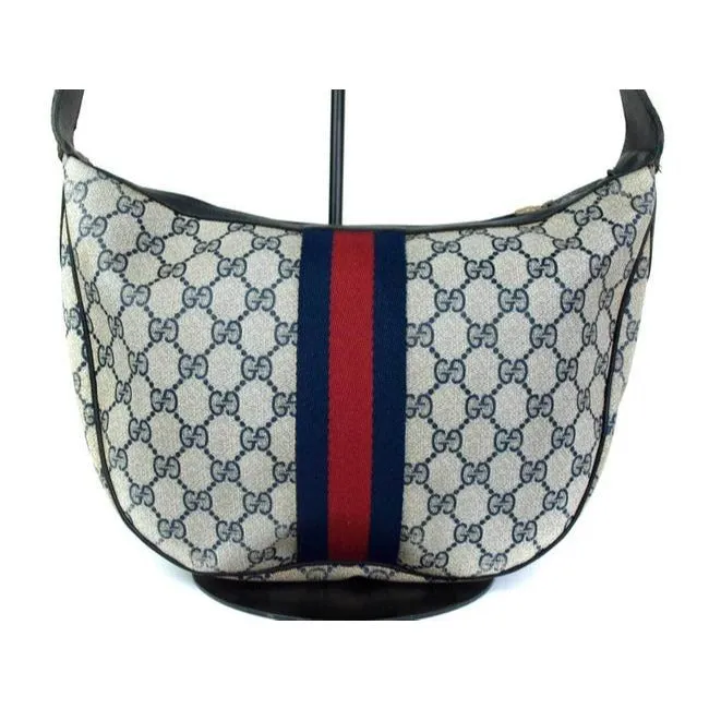 Gucci Shoulder Sherry Line With Red Blue Stripe Navy Guccissima Print Coated Canvas Leather Hobo Bag