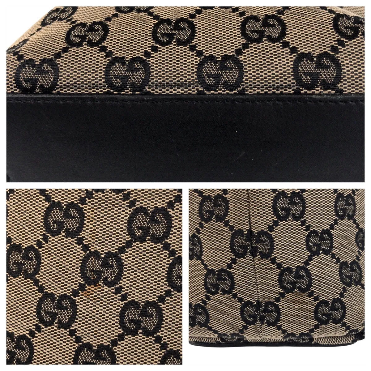 GUCCI Tote Bag 002 1099 GG canvas, leather Beige Black Gold Metal Tote Bag Shoulder Bag Women Used
