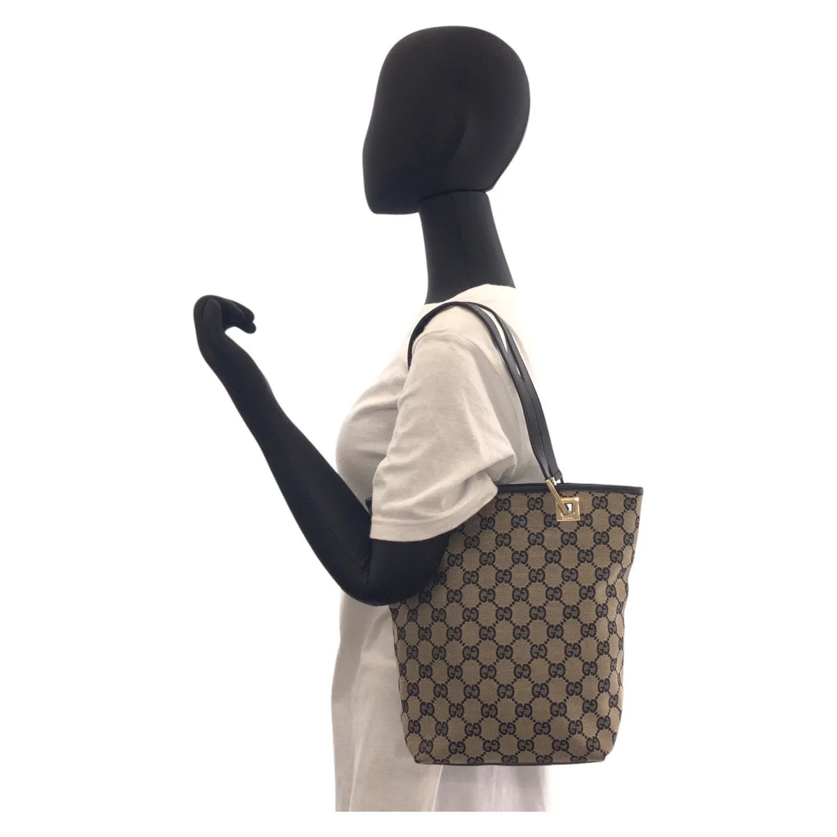 GUCCI Tote Bag 002 1099 GG canvas, leather Beige Black Gold Metal Tote Bag Shoulder Bag Women Used