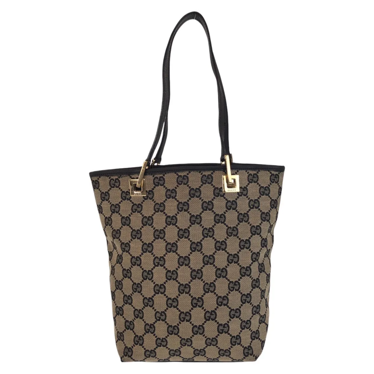 GUCCI Tote Bag 002 1099 GG canvas, leather Beige Black Gold Metal Tote Bag Shoulder Bag Women Used