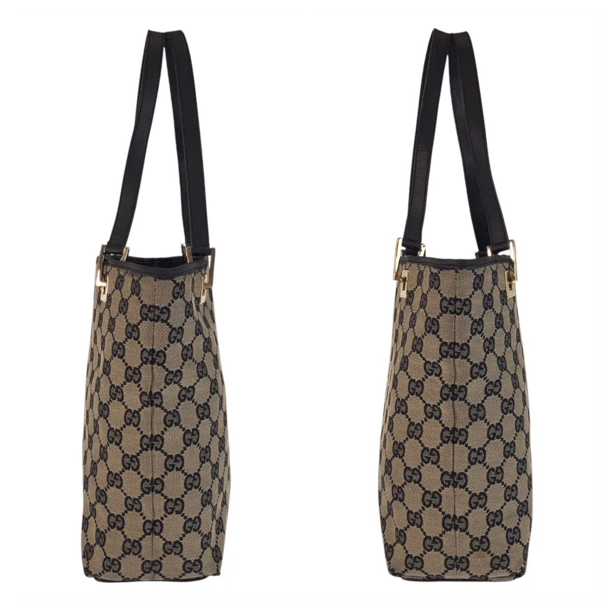 GUCCI Tote Bag 002 1099 GG canvas, leather Beige Black Gold Metal Tote Bag Shoulder Bag Women Used