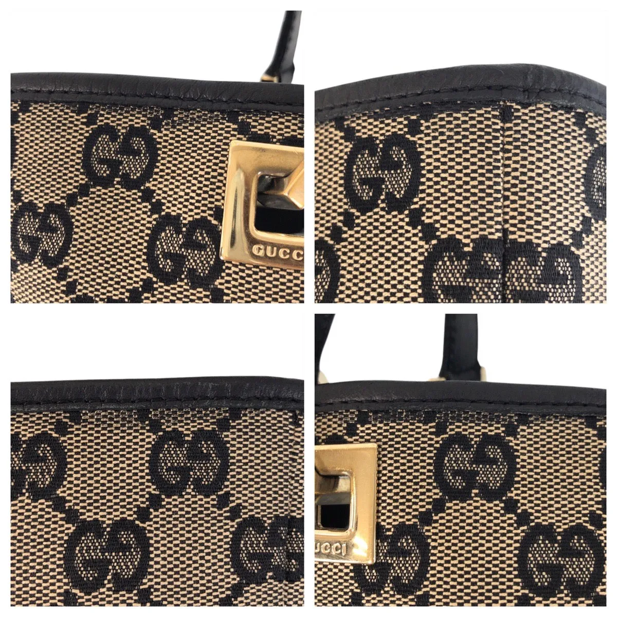 GUCCI Tote Bag 002 1099 GG canvas, leather Beige Black Gold Metal Tote Bag Shoulder Bag Women Used