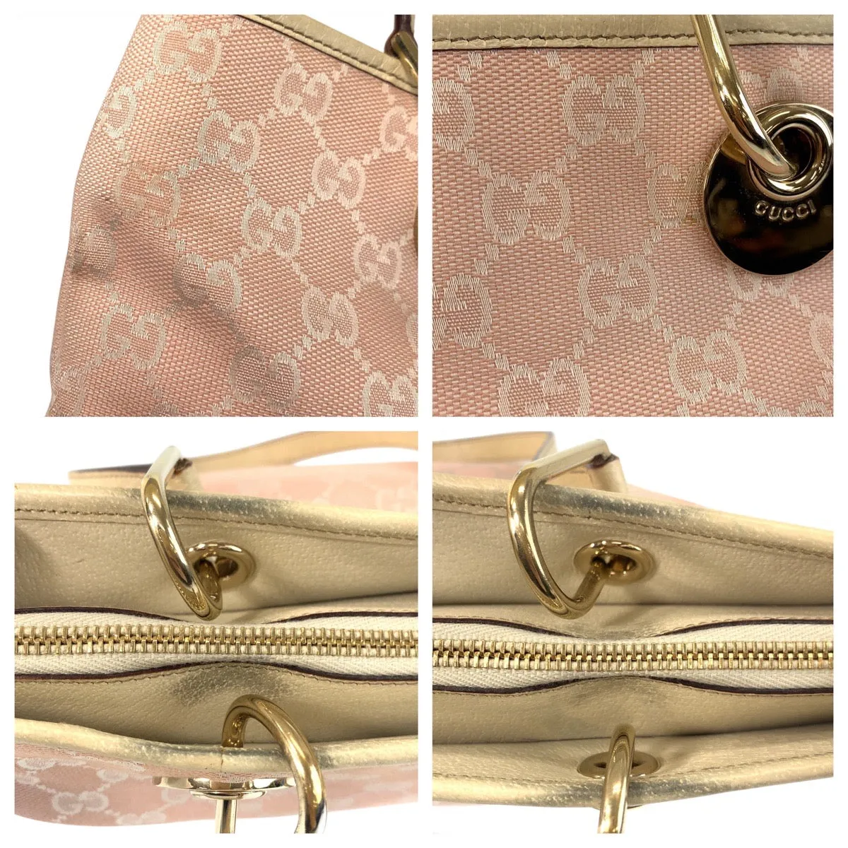 GUCCI Tote Bag 139552 GG canvas, leather Pink White Gold Metal Tote Bag Shoulder Bag Women Used