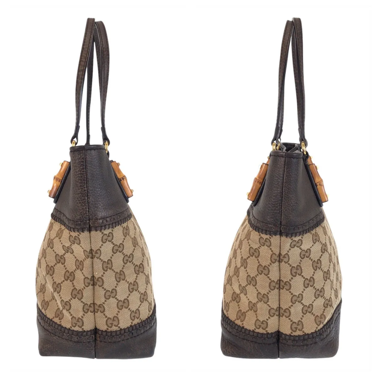 GUCCI Tote Bag 353125 GG canvas, leather Beige Brown Gold Metal Tote Bag Shoulder Bag Bamboo Women Used