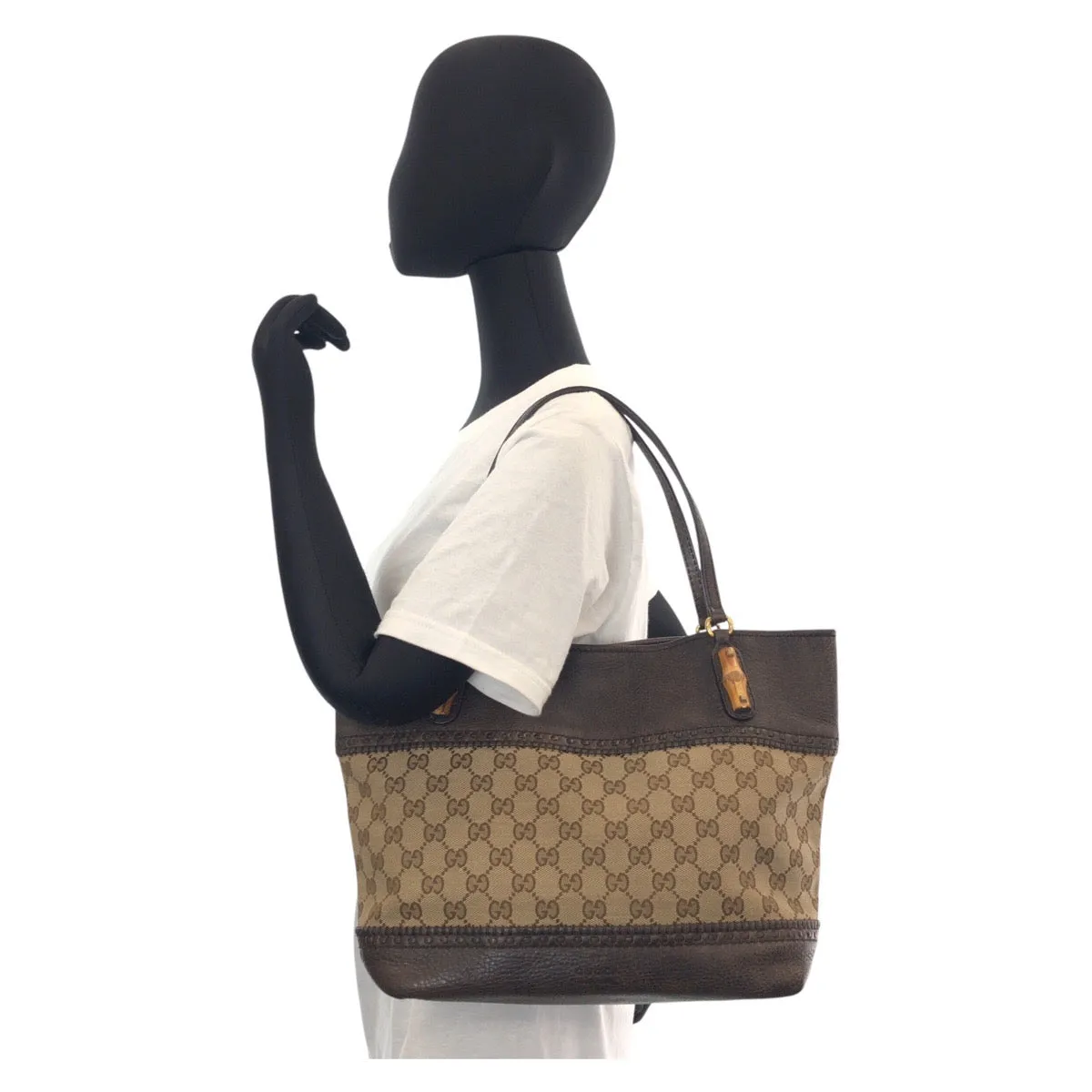 GUCCI Tote Bag 353125 GG canvas, leather Beige Brown Gold Metal Tote Bag Shoulder Bag Bamboo Women Used