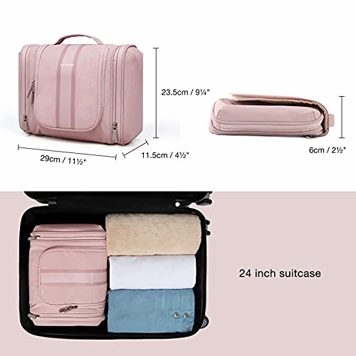 Hanging Toiletry Bag, BAGSMART Travel Toiletry Organizer with hanging hook, Water-resistant Cosmetic Makeup Bag Travel Organizer for Shampoo, Full Sized Container, Toiletries, Pink
