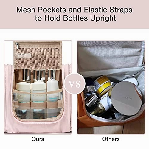 Hanging Toiletry Bag, BAGSMART Travel Toiletry Organizer with hanging hook, Water-resistant Cosmetic Makeup Bag Travel Organizer for Shampoo, Full Sized Container, Toiletries, Pink