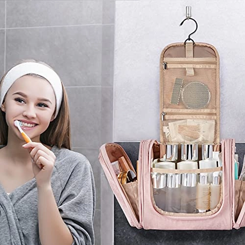 Hanging Toiletry Bag, BAGSMART Travel Toiletry Organizer with hanging hook, Water-resistant Cosmetic Makeup Bag Travel Organizer for Shampoo, Full Sized Container, Toiletries, Pink
