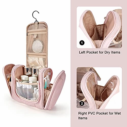 Hanging Toiletry Bag, BAGSMART Travel Toiletry Organizer with hanging hook, Water-resistant Cosmetic Makeup Bag Travel Organizer for Shampoo, Full Sized Container, Toiletries, Pink