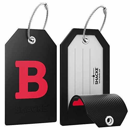 Initial Luggage Tag With Full Privacy Cover And Stainless Steel Loop (Black) (B)