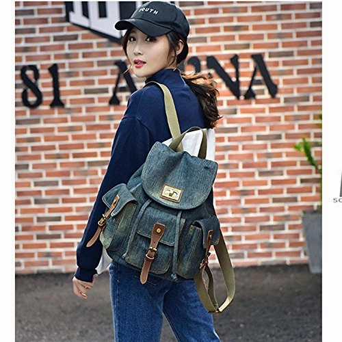 K-mover Women's And Girl's Denim Backpack School Bag Travel Bag Shoulder Bag (Deep blue)