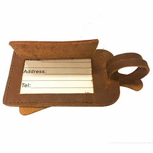 Kemy's Customized Genuine Leather Luggage Tag for Men Women Personalized Vintage Monogrammed Suitcase Bag Labels Travel Accessories Easter Gift, Brown