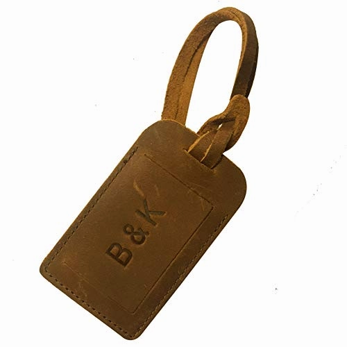 Kemy's Customized Genuine Leather Luggage Tag for Men Women Personalized Vintage Monogrammed Suitcase Bag Labels Travel Accessories Easter Gift, Brown