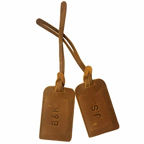 Kemy's Customized Genuine Leather Luggage Tag for Men Women Personalized Vintage Monogrammed Suitcase Bag Labels Travel Accessories Easter Gift, Brown