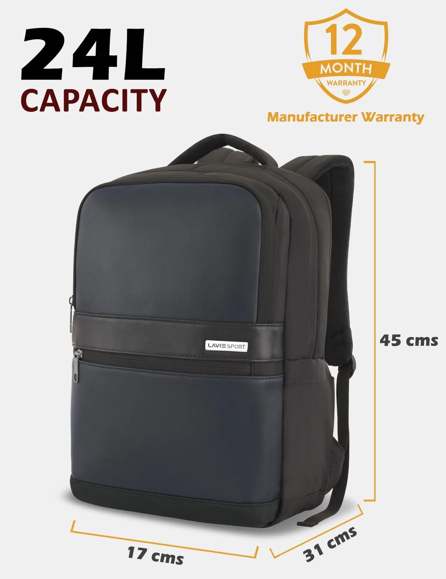Lavie Sport Armour 24L Laptop Backpack with Trolley sleeve For Men & Women Black/Off White