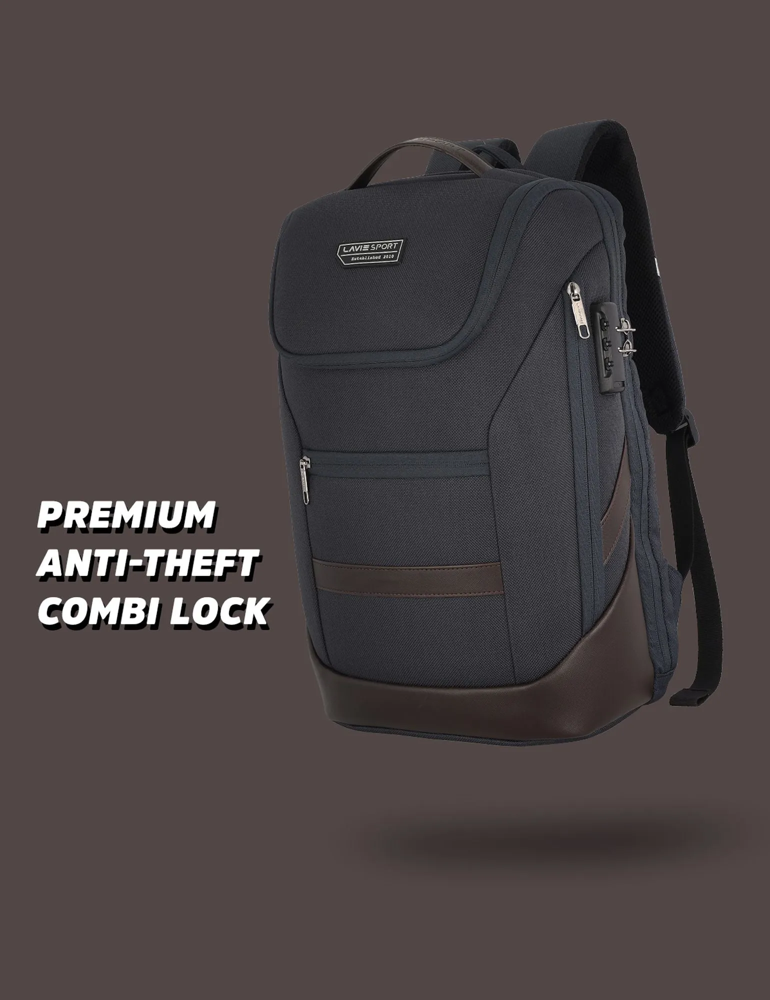 Lavie Sport Emperor 24L Anti-theft & Laptop Backpack For Men & Women - Navy Brown