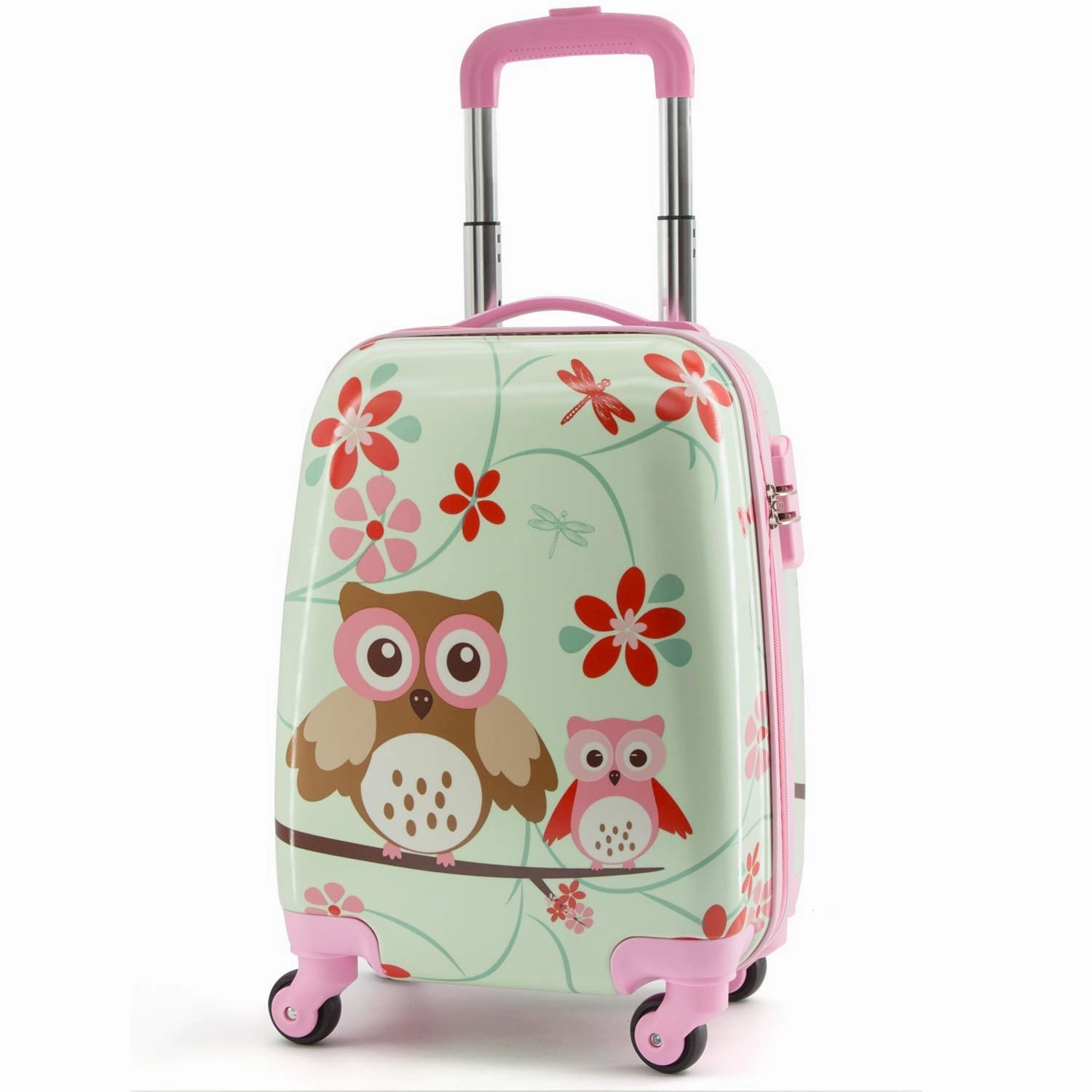 Lttxin cute kids suitcase pull along girls travelling with 4 wheel hard shell 18 inch for girl owl