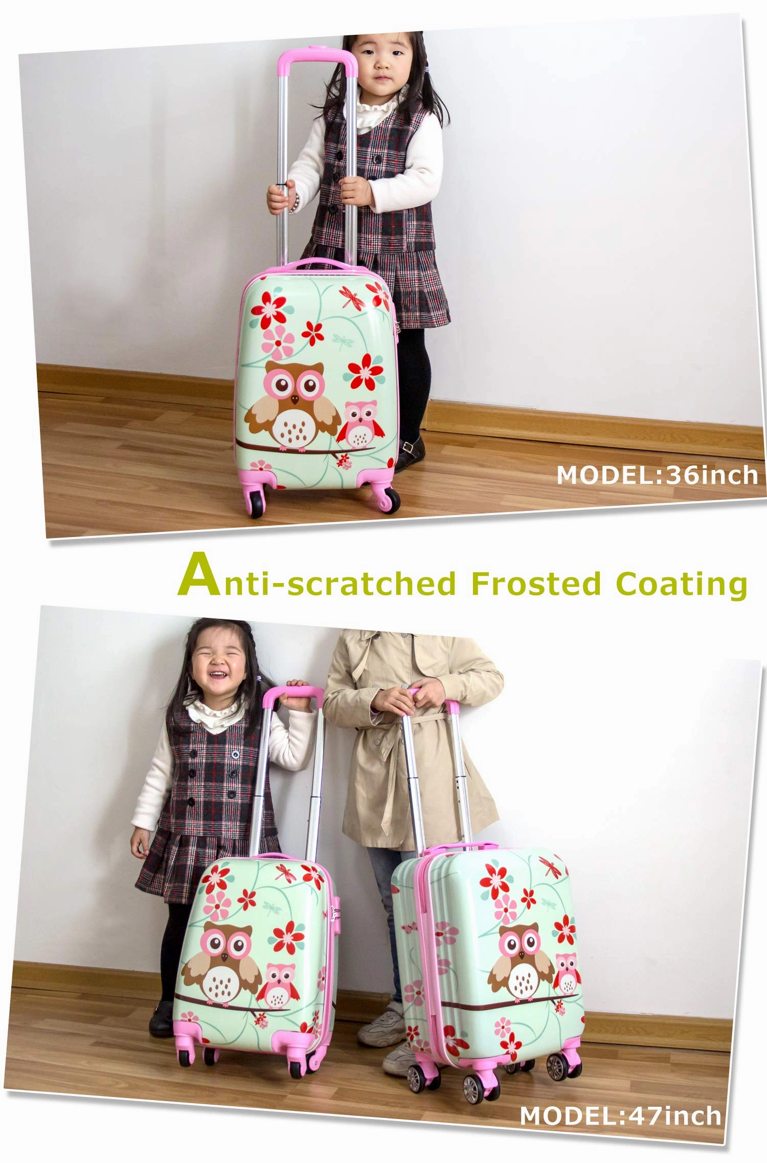 Lttxin cute kids suitcase pull along girls travelling with 4 wheel hard shell 18 inch for girl owl