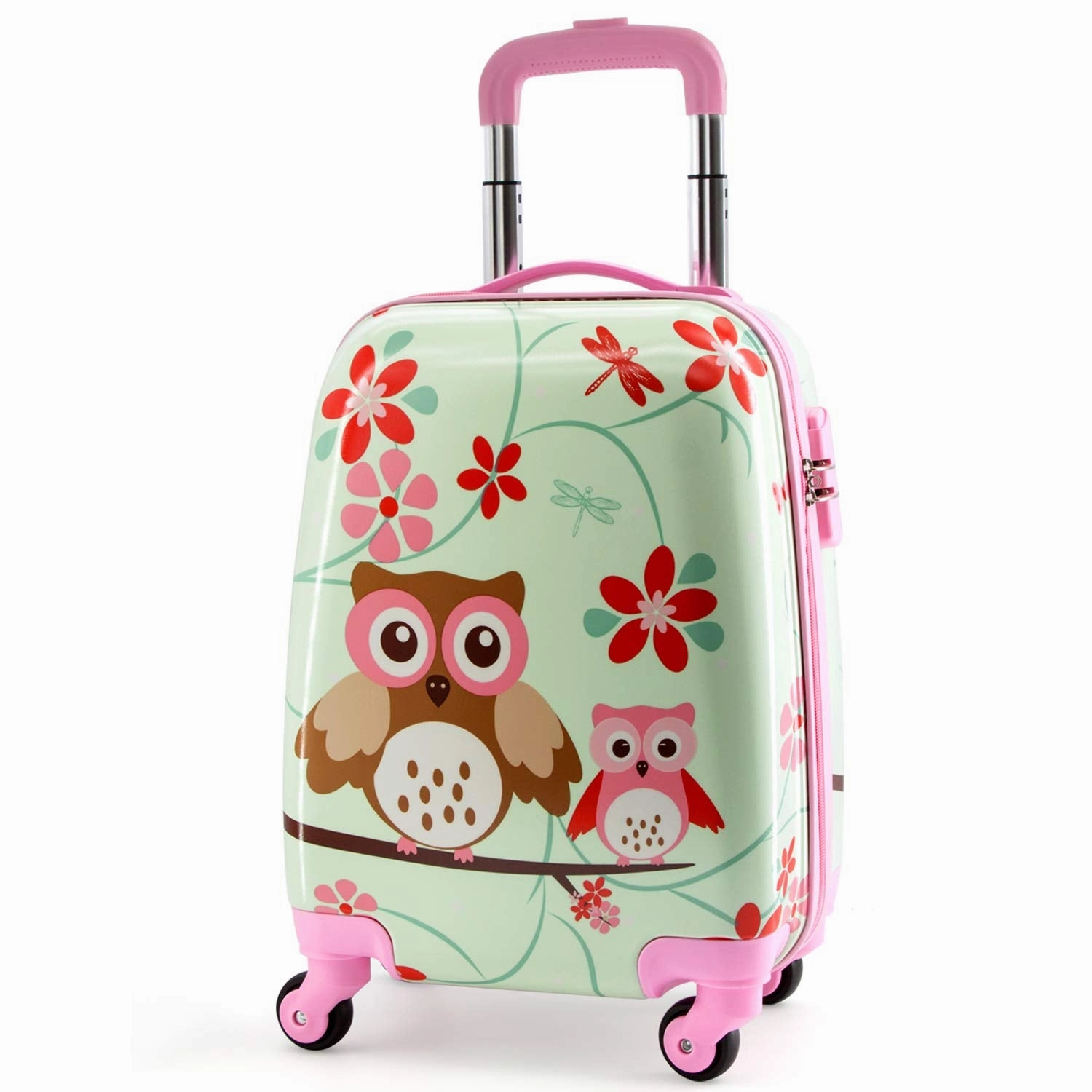 Lttxin cute kids suitcase pull along girls travelling with 4 wheel hard shell 18 inch for girl owl