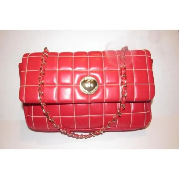 Moschino Red Quilted Leather Shoulder Bag w Envelope Top & Chain Strap