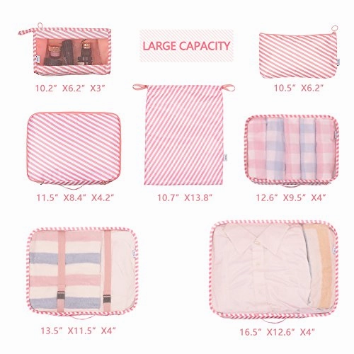 Packing Cubes 7 Pcs Travel Luggage Packing Organizers Set with Toiletry Bag (PINK STRIPE)