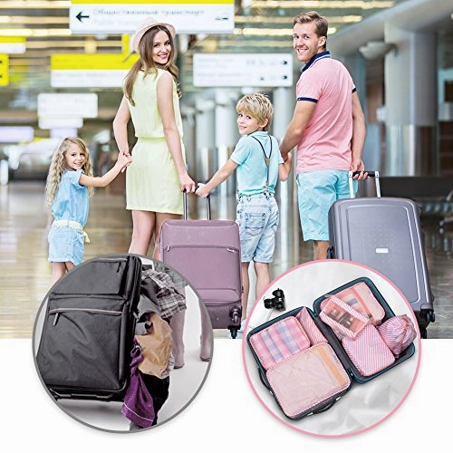 Packing Cubes 7 Pcs Travel Luggage Packing Organizers Set with Toiletry Bag (PINK STRIPE)