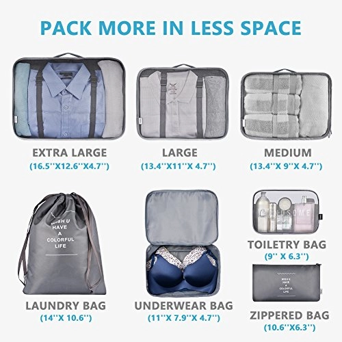 Packing Cubes VAGREEZ 7 Set Lightweight Travel Luggage Organizers with Laundry Bag or Toiletry