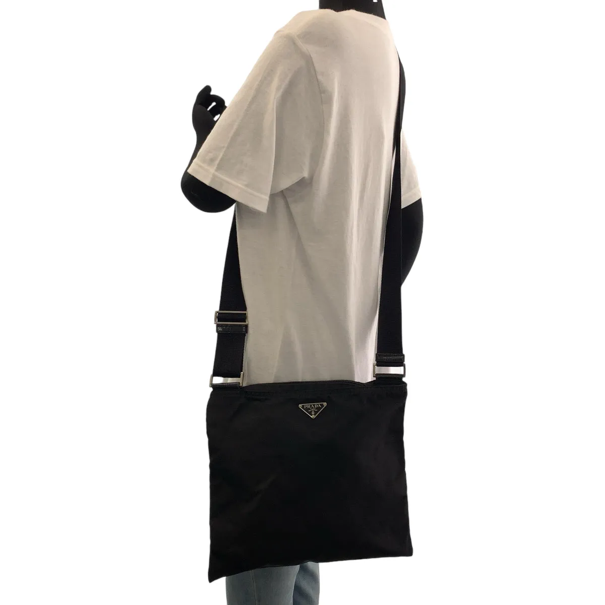 PRADA Shoulder Bag Nylon Black Silver Metal Shoulder Bag pochette Test Triangle With logo Women Used