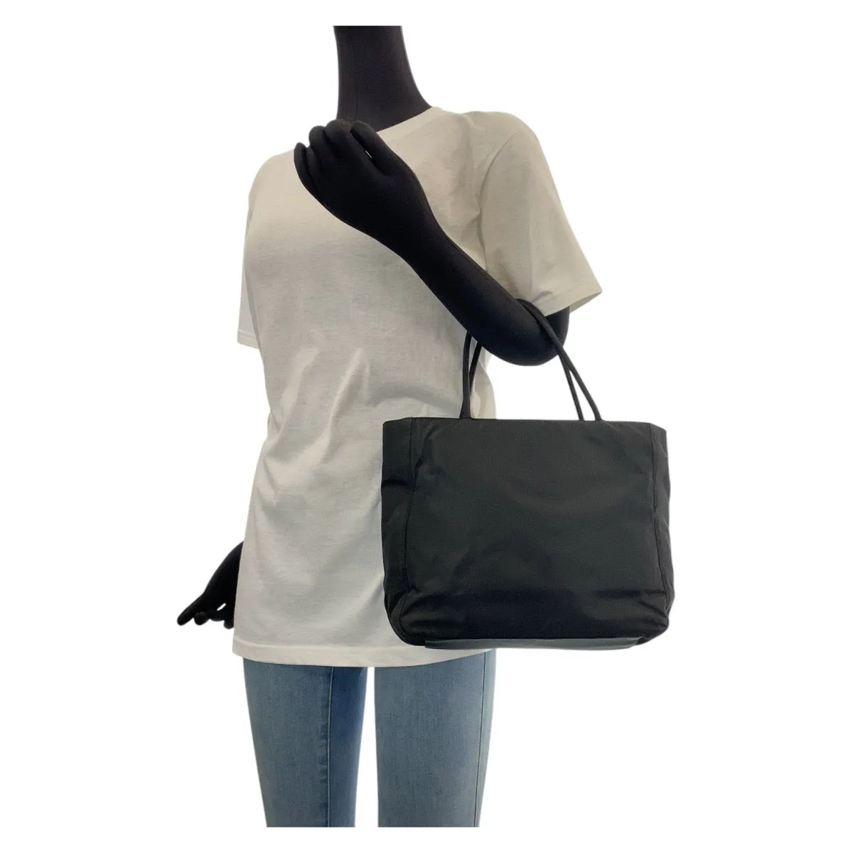 PRADA Tote Bag Nylon Black SilverMetal Tote Bag Shoulder Bag Test Triangle With logo Women Used