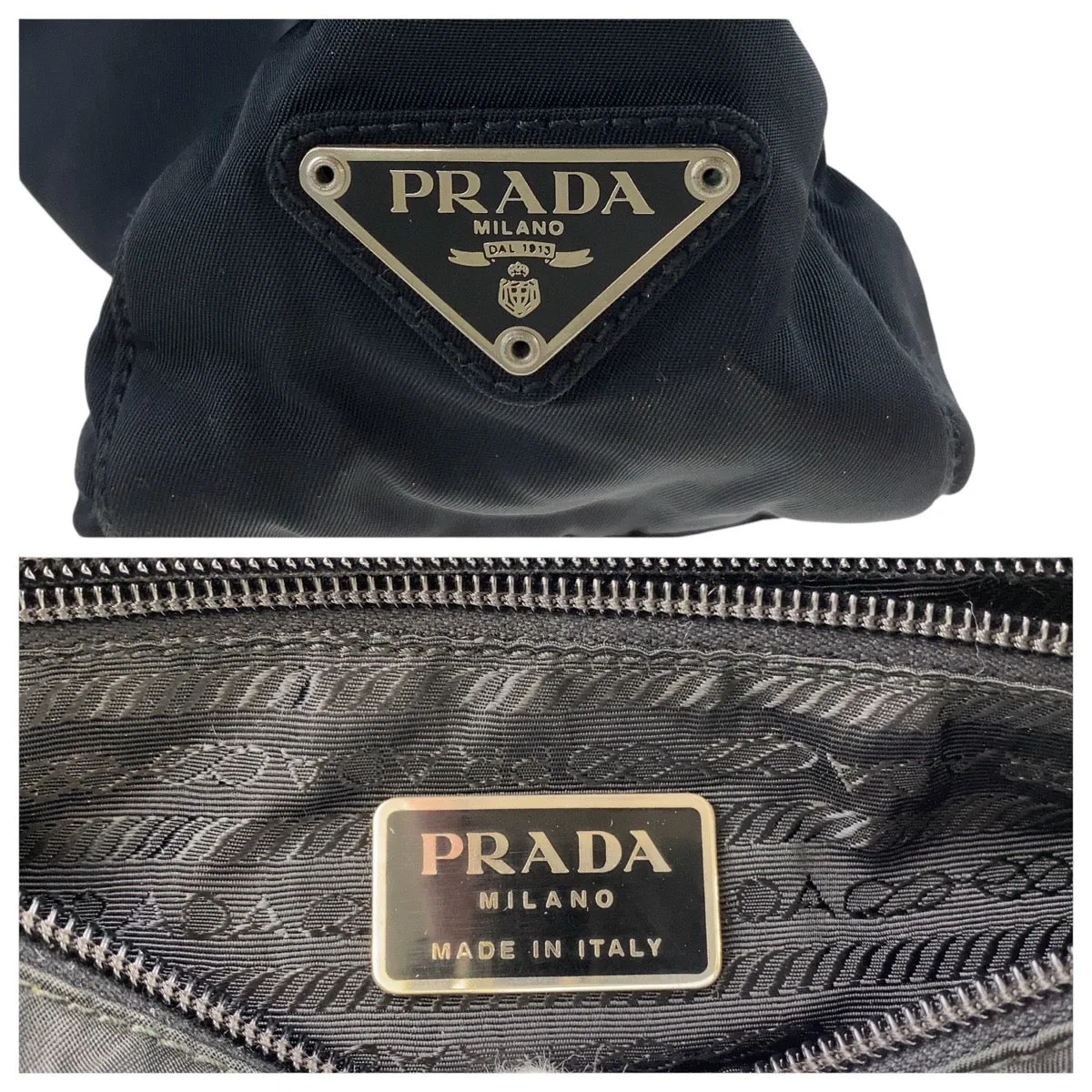 PRADA Tote Bag Nylon Black SilverMetal Tote Bag Shoulder Bag Test Triangle With logo Women Used