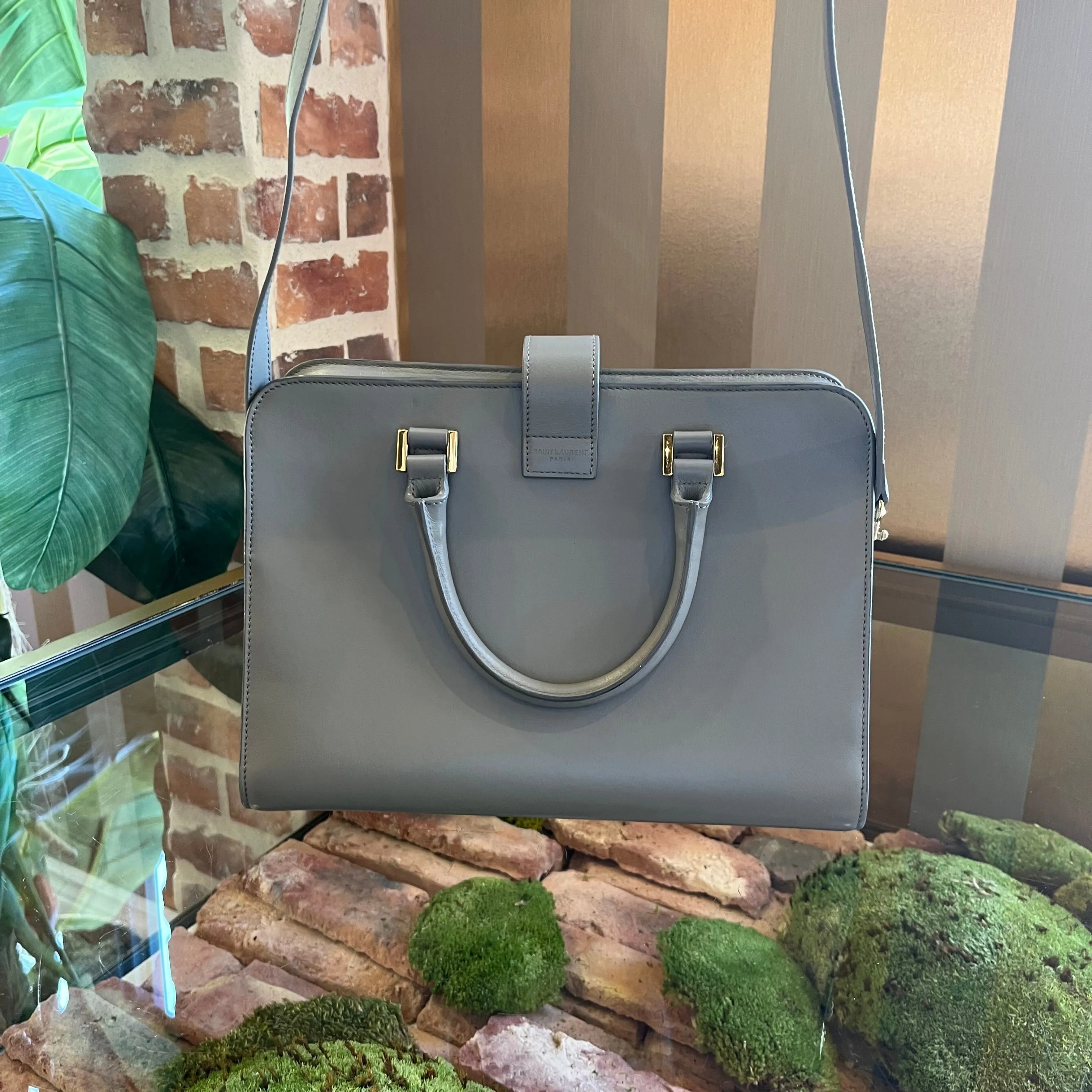 SAINT LAURENT Baby Cabas Gray Leather Top Handle Shoulder Bag