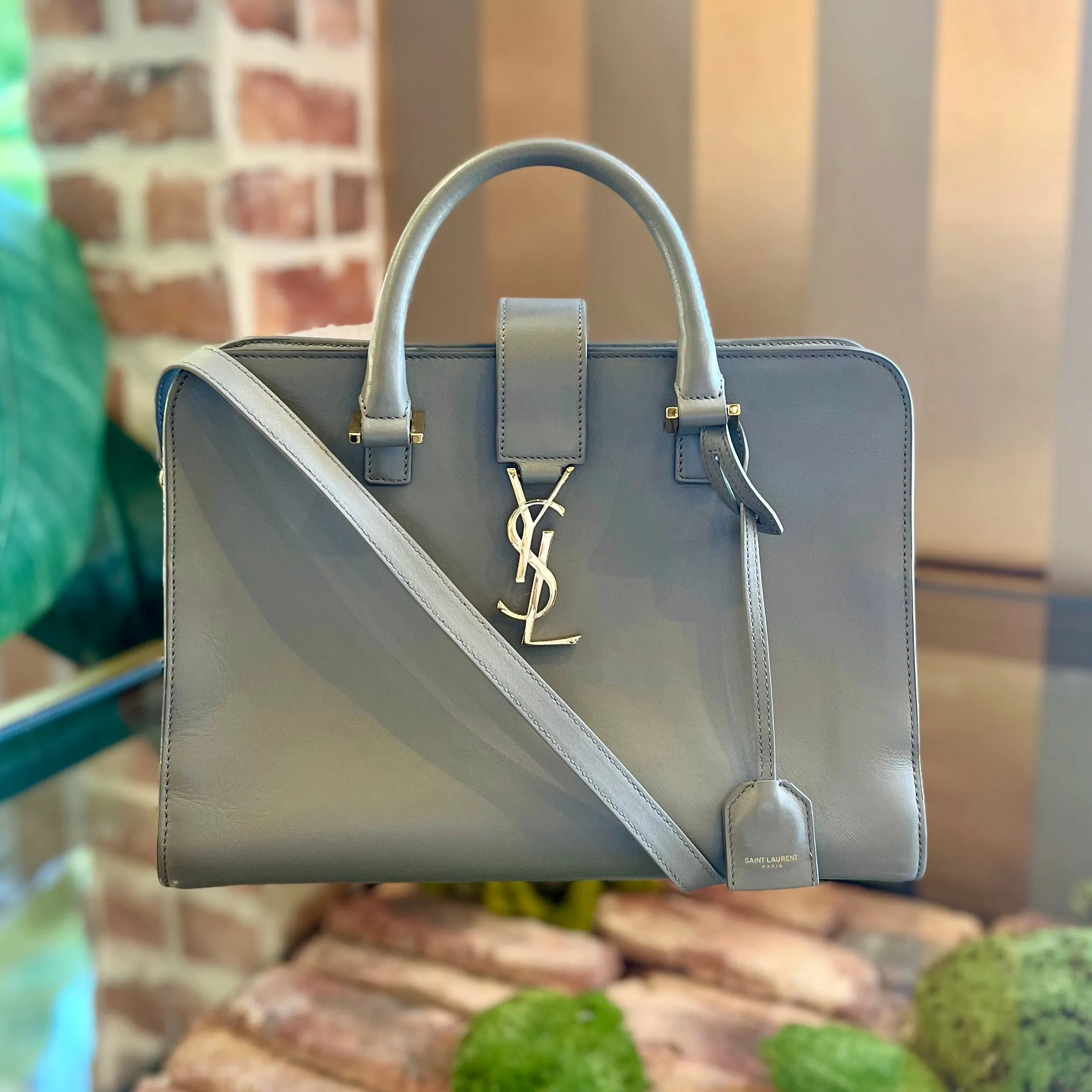 SAINT LAURENT Baby Cabas Gray Leather Top Handle Shoulder Bag