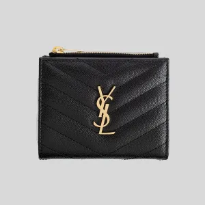 SAINT LAURENT YSL Cassandre Matelasse Bi-Fold Wallet In Grain De Poudre Embossed Leather Black 575879BOW01