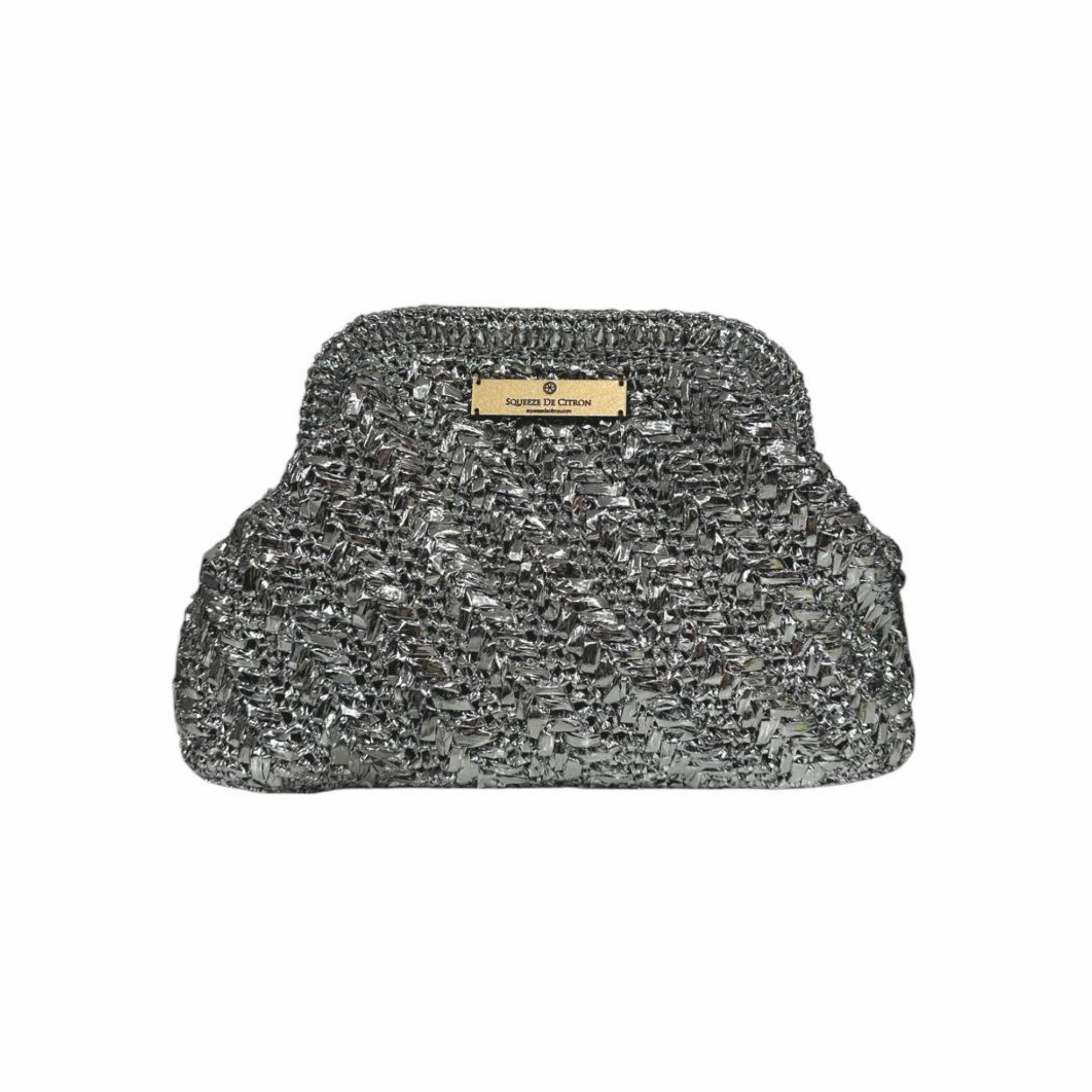 Silver Raffia Clutch (Golden Strap Included)