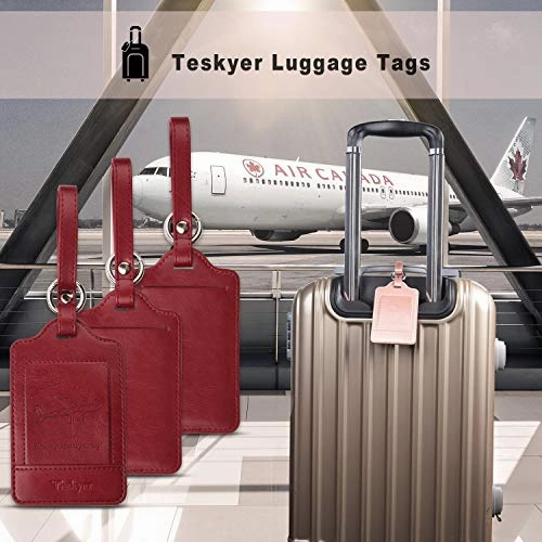 Teskyer Luggage Tags, 3 Pack Premium PU Leahter Luggage Tags Privacy Protection Travel Bag Labels Suitcase Tags