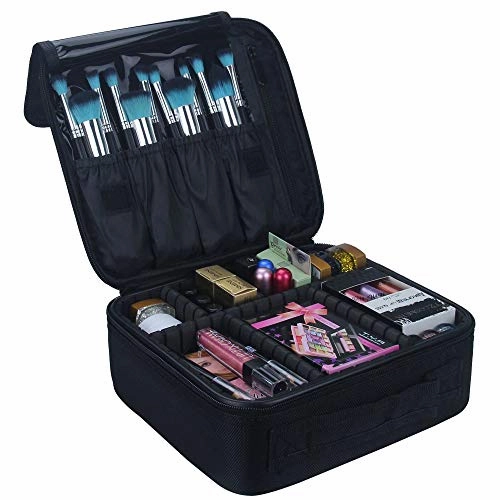 Travel Makeup Train Case Makeup Cosmetic Case Organizer Portable Artist Storage Bag 10.3'' with Adjustable Dividers for Cosmetics Makeup Brushes Toiletry Jewelry Digital accessories Black