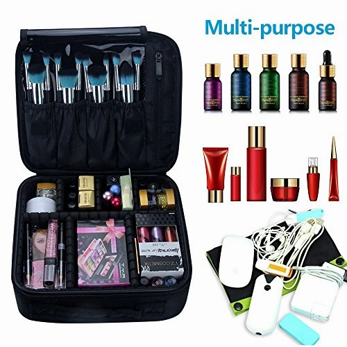 Travel Makeup Train Case Makeup Cosmetic Case Organizer Portable Artist Storage Bag 10.3'' with Adjustable Dividers for Cosmetics Makeup Brushes Toiletry Jewelry Digital accessories Black