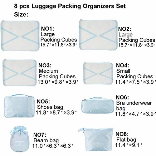 Travel Packing Cubes 8 Pcs Set, Luggage Packing Organizers with Shoe Bag and Toiletry Bag (Light pink)