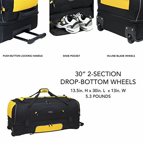 Travelers Club 30" ADVENTURE Double Packing Compartment Rolling Duffel, Yellow with Black Color Option